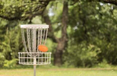 a frisbee golf basket in a park