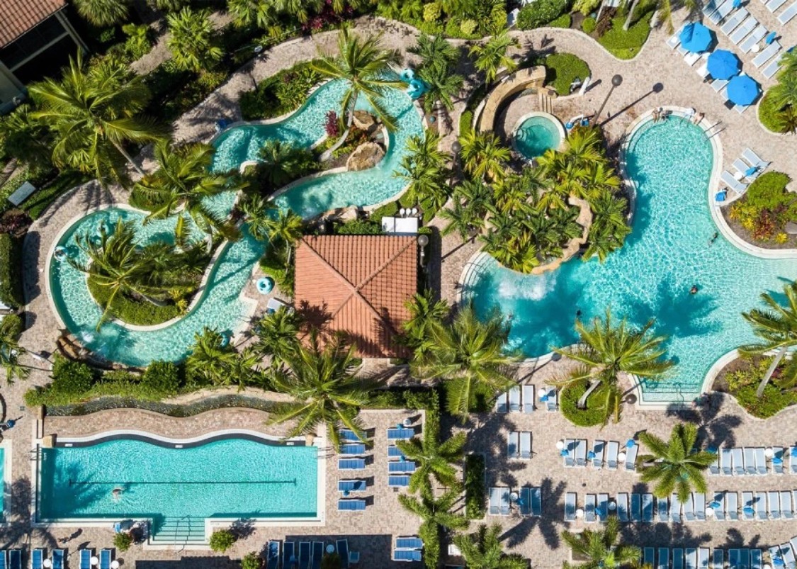 a swimming pool with palm trees and a building