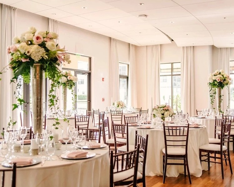 a room with tables and chairs