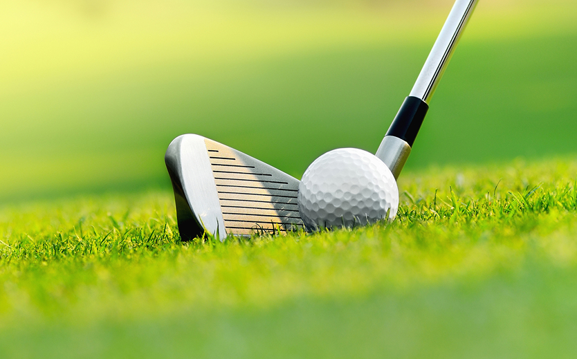 a golf club and ball on grass