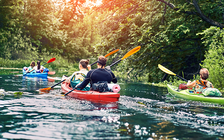 a group of people in kayaks on a river