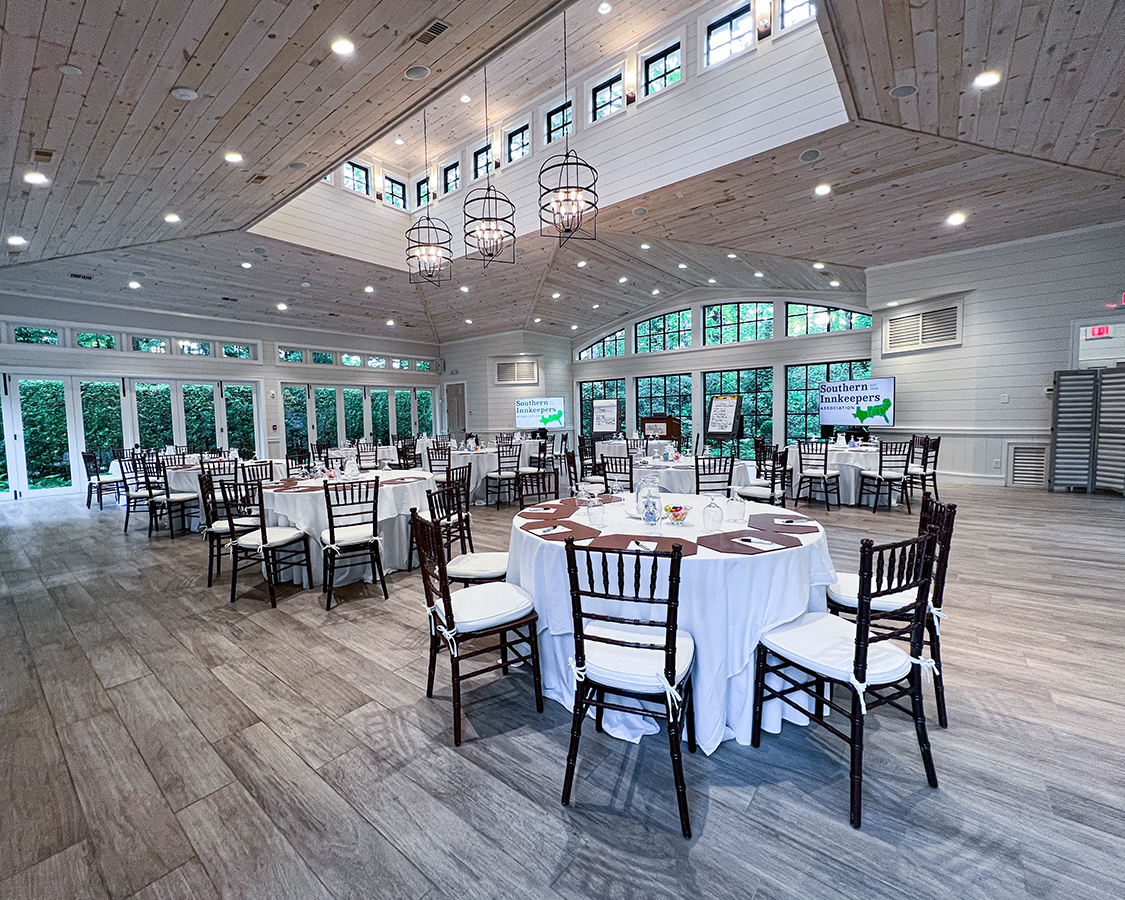 a room with tables and chairs
