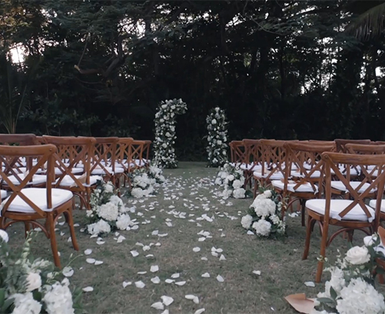 chairs in a field with white flowers