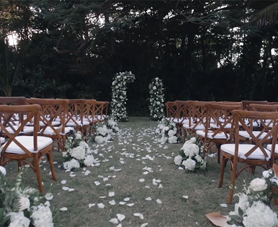 chairs in a field with white flowers