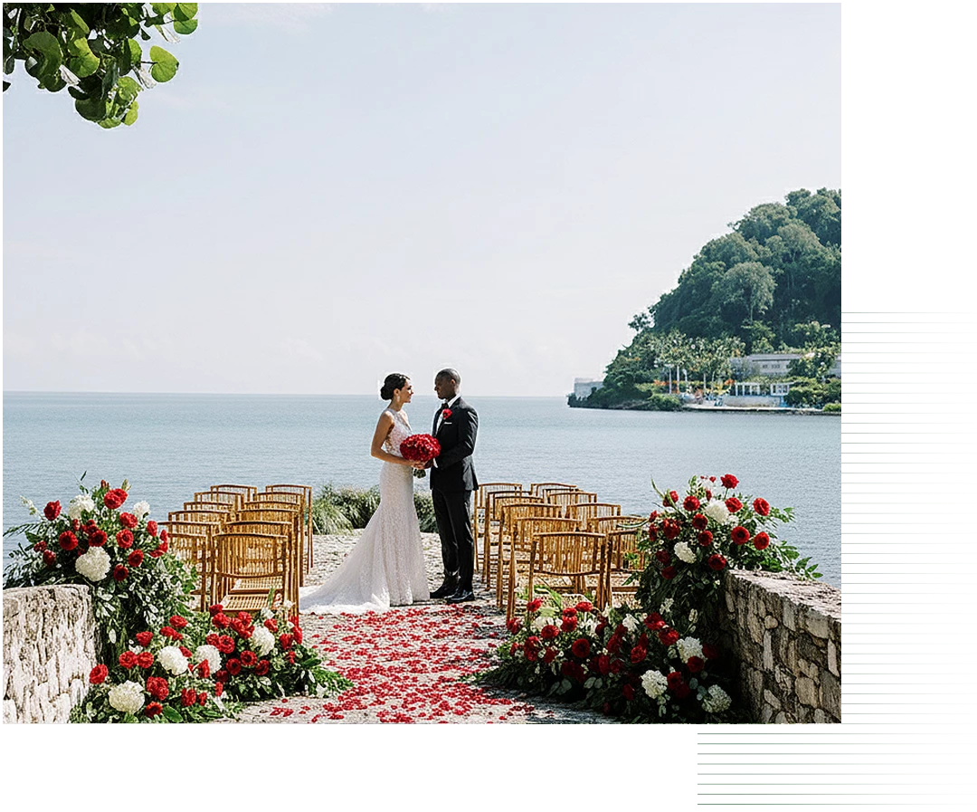 a bride and groom standing in front of a body of water
