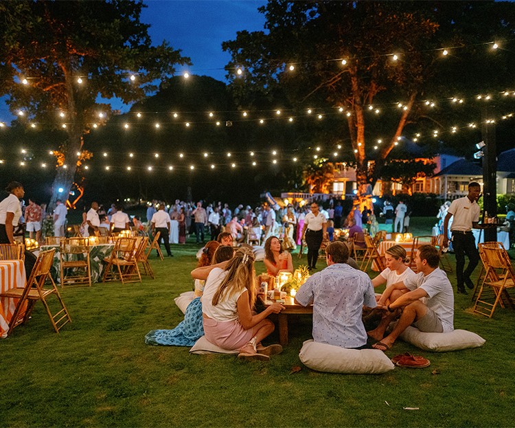 a group of people sitting on the grass in front of a large crowd of people