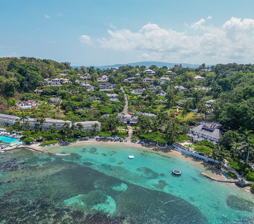 a beach with houses and trees