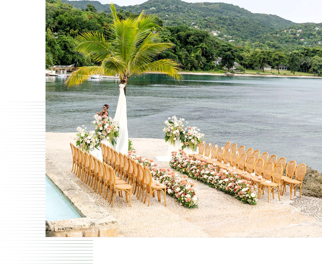 a wedding ceremony set up with chairs and palm trees