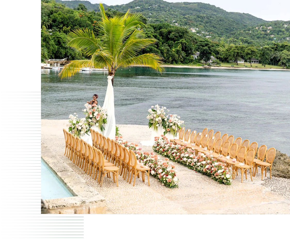 a wedding ceremony set up with chairs and palm trees
