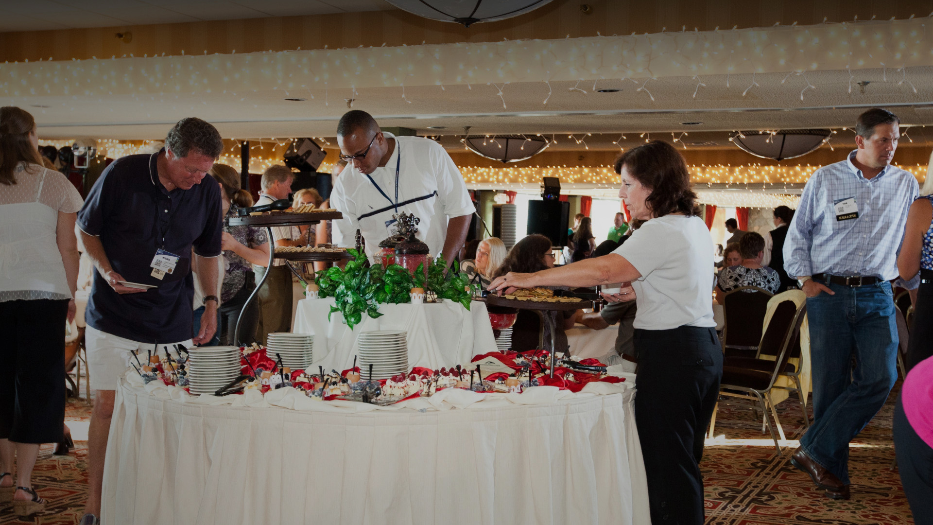 a group of people at a buffet