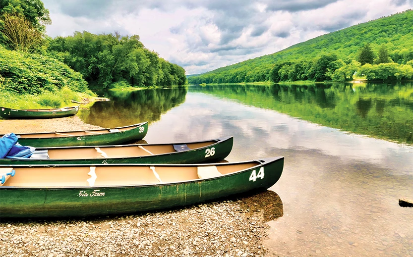a group of canoes on a river bank