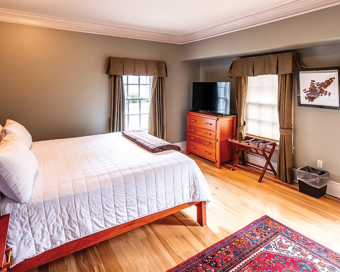 a bedroom with a bed and a rug