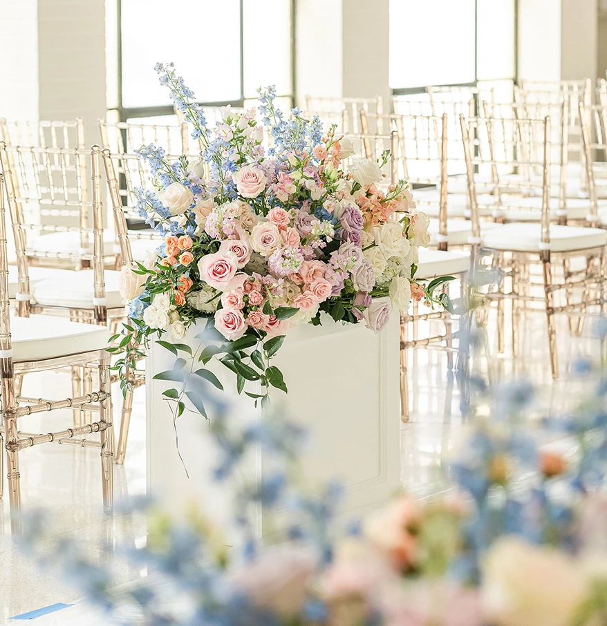 a group of flowers in a room