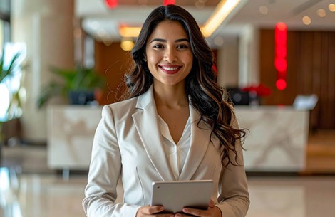 a woman holding a tablet