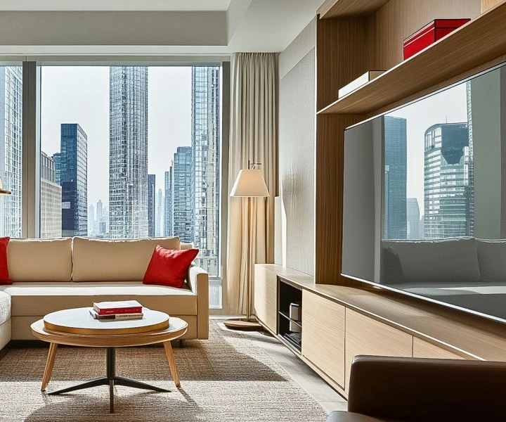 a living room with a large tv and a large window