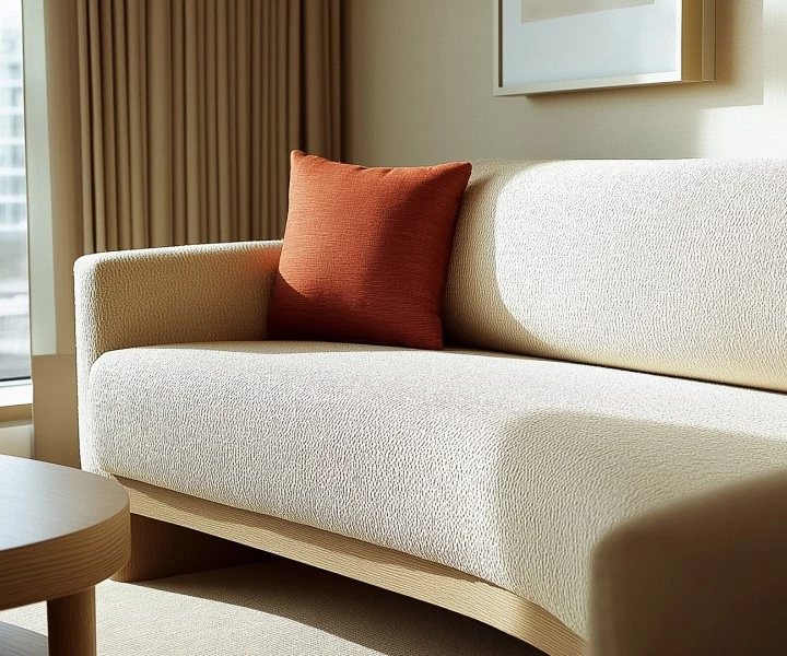 a couch with a red pillow