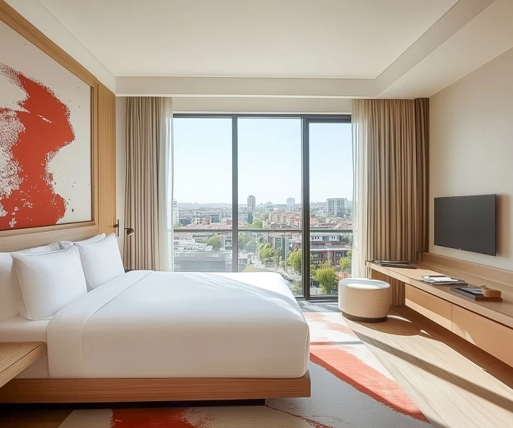 a room with a bed and a television