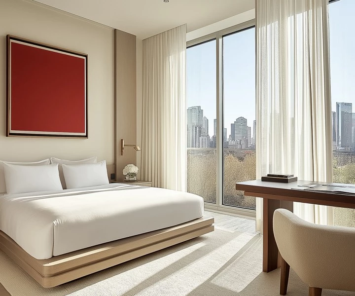 a bedroom with a bed and a desk