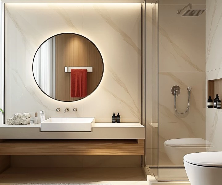 a bathroom with a mirror and a toilet