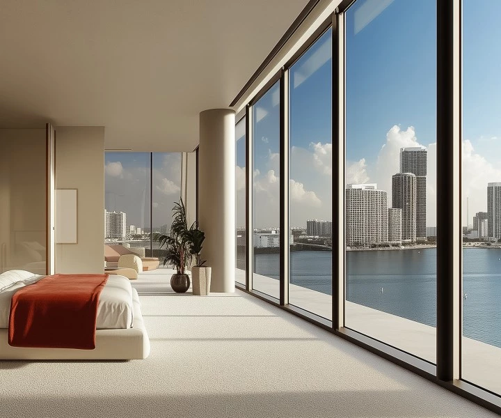 a large room with large windows and a large bed