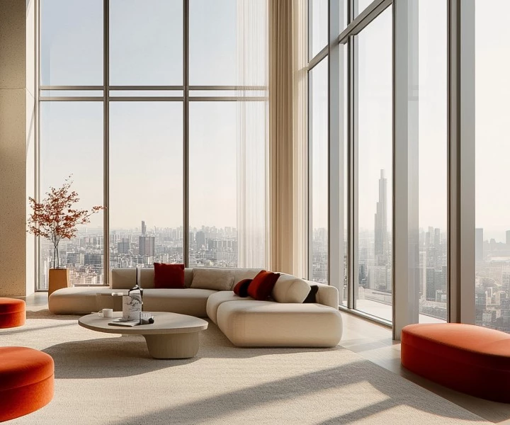 a large living room with large windows