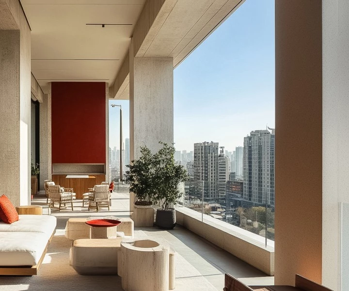a large room with a view of a city