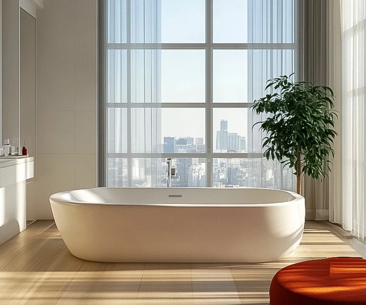 a bathroom with a large window