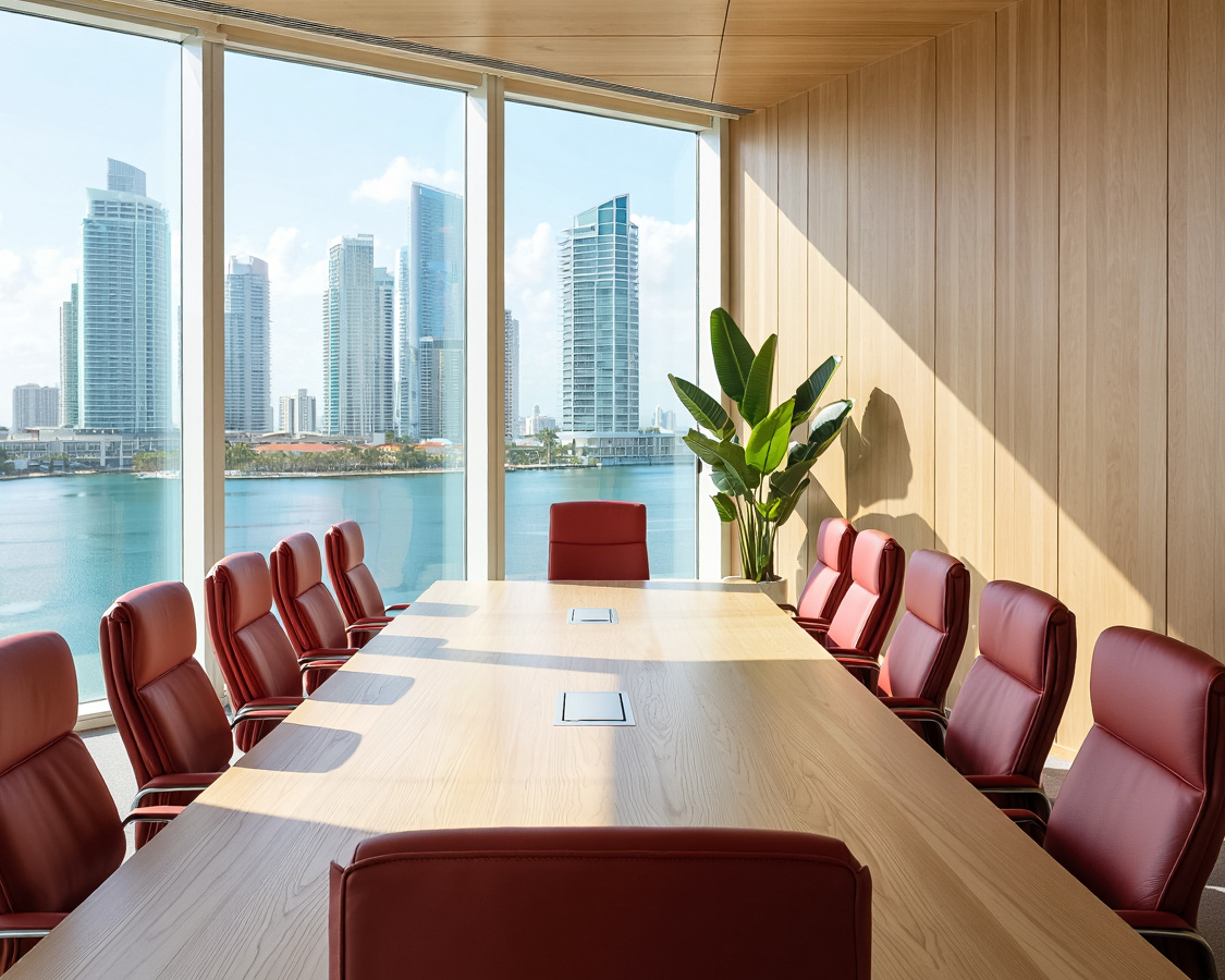 a room with a table and chairs and a plant by the water