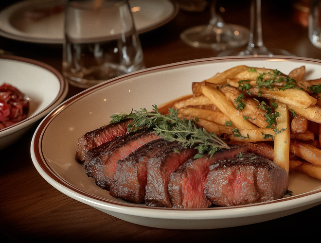 a plate of steak and fries
