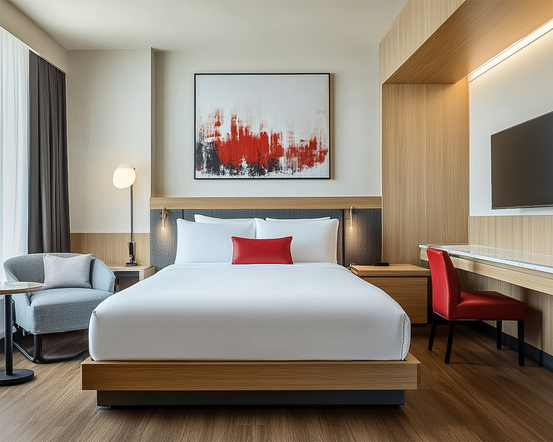 a bedroom with a bed and a chair