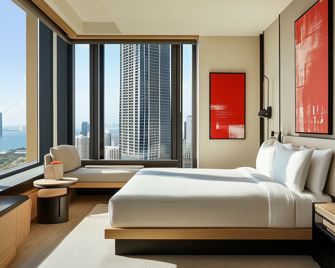 a bedroom with a large bed and a large window