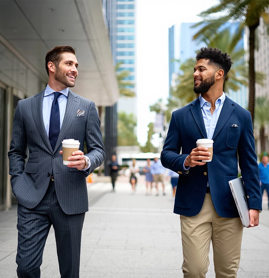 two men in suits holding coffee cups and walking on a sidewalk