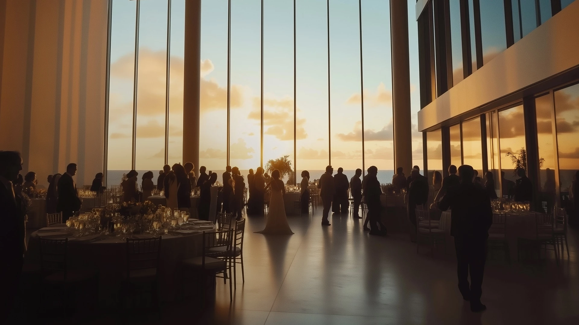 a group of people in a room with a large window