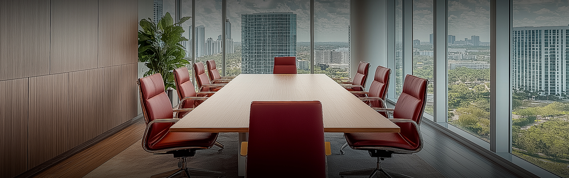 a conference room with a large table and chairs