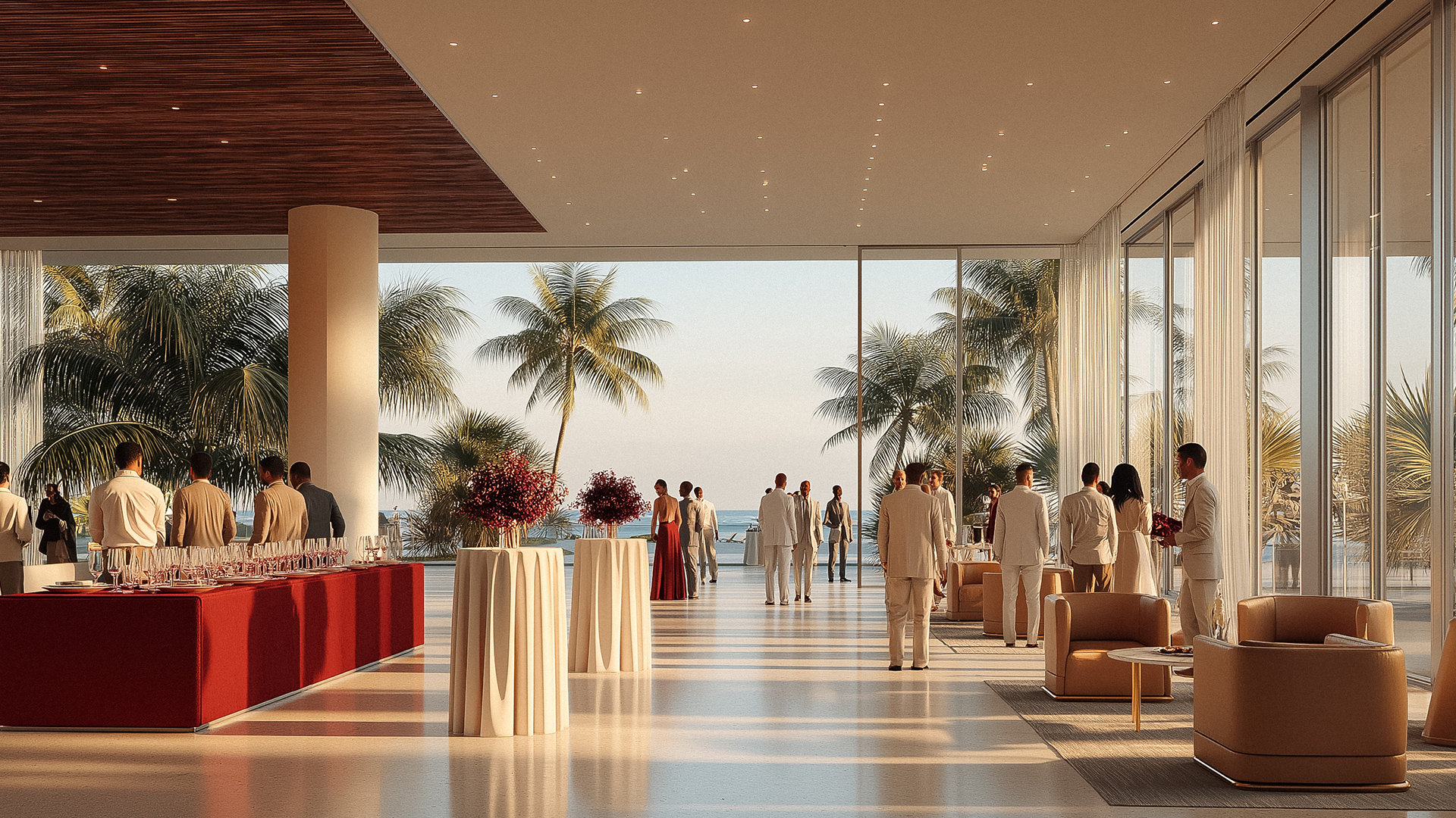 a group of people in a room with palm trees and a beach