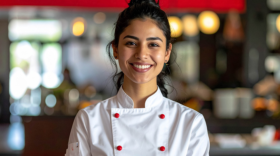 a woman in a chef's uniform