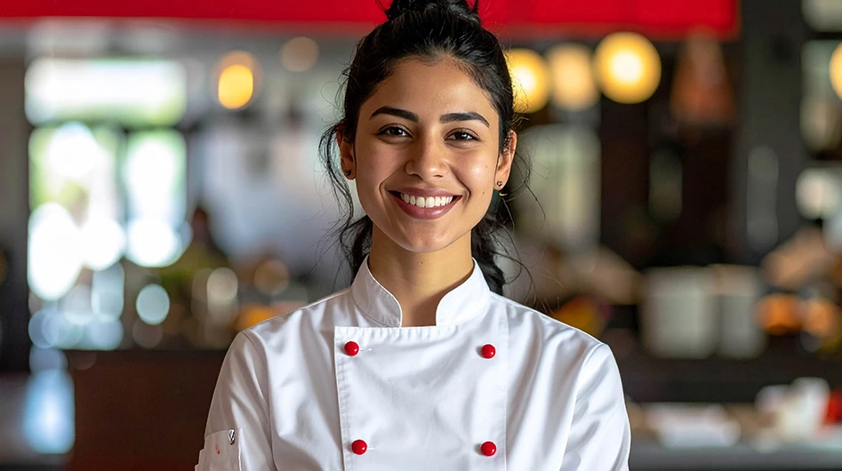 a woman in a chef's uniform