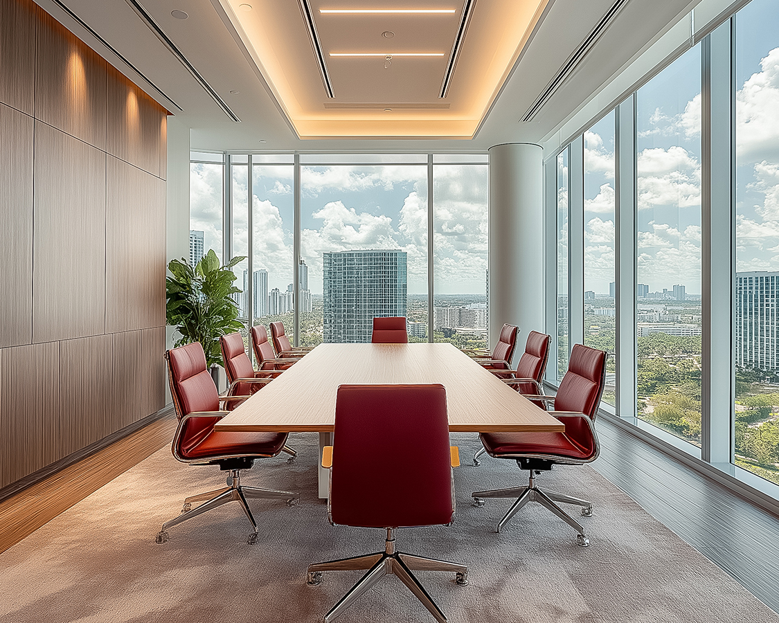 a conference room with a table and chairs