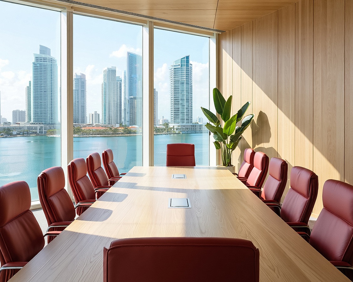 a conference room with a table and chairs and a large window overlooking a city