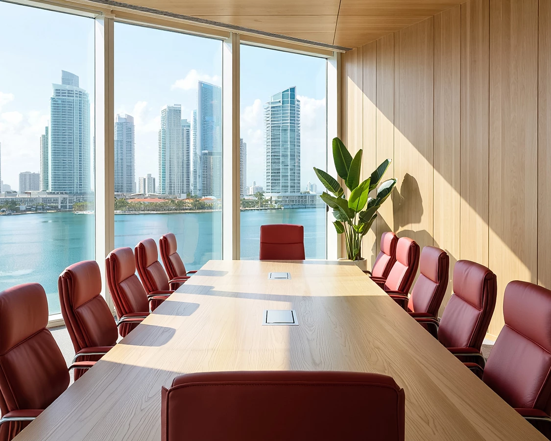 a conference room with a table and chairs and a large window overlooking a city