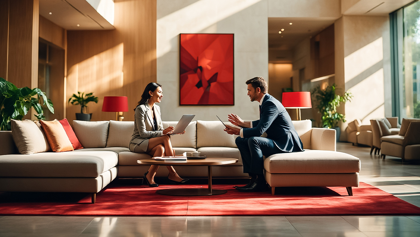 a man and woman sitting on a couch