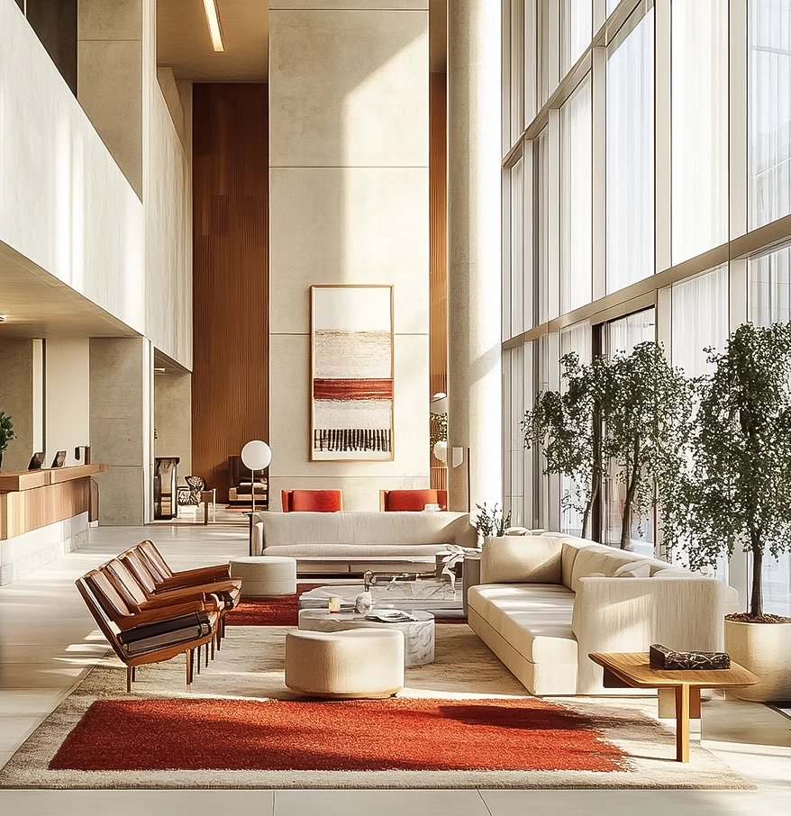 a large room with a large window