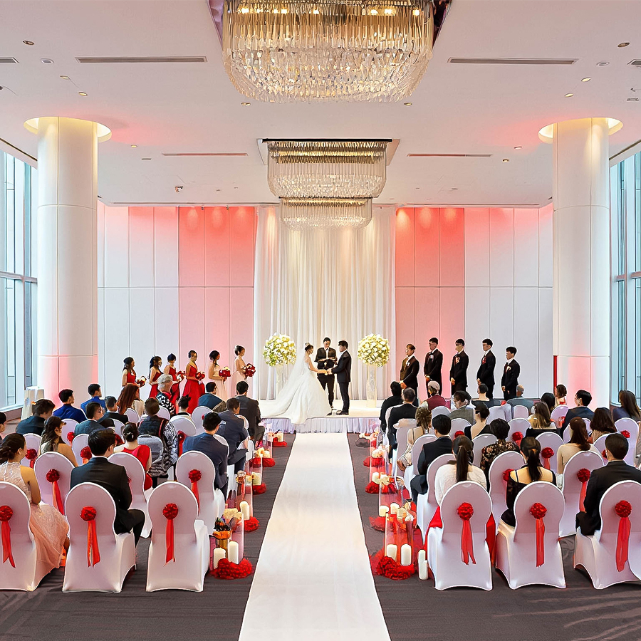 a group of people sitting in chairs in a room with a large chandelier