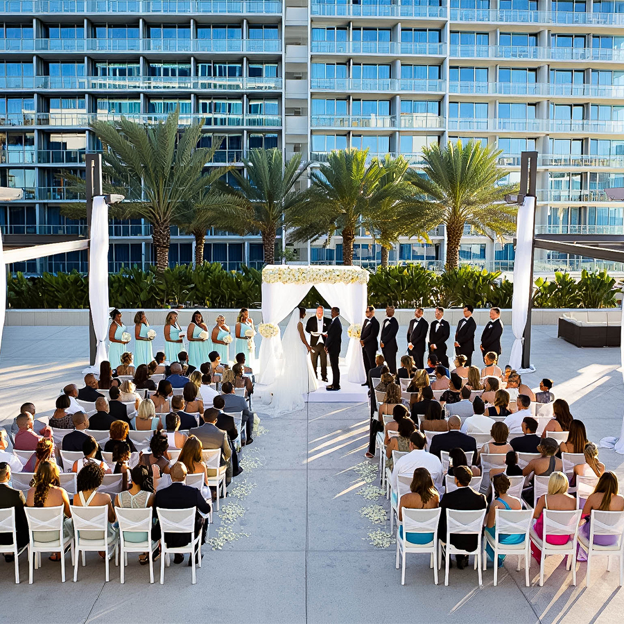 a group of people sitting in chairs at a wedding ceremony