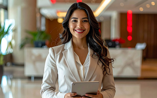 a woman holding a tablet