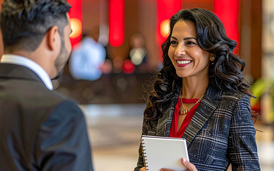 a woman holding a notebook and smiling to a man