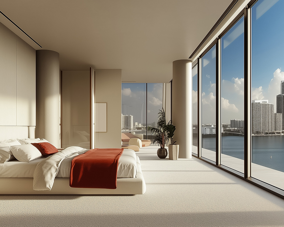 a large room with a large window overlooking a city