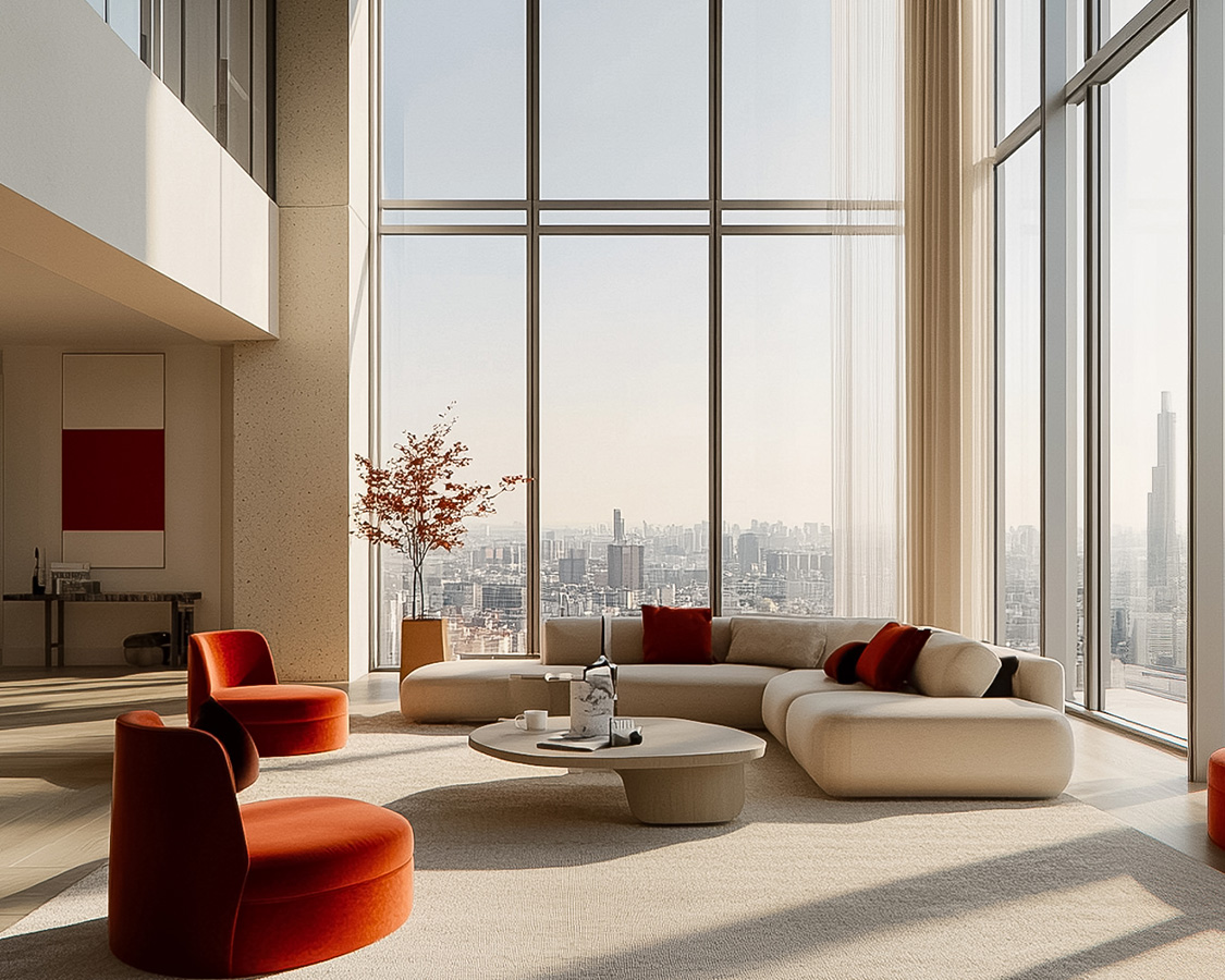 a living room with large windows