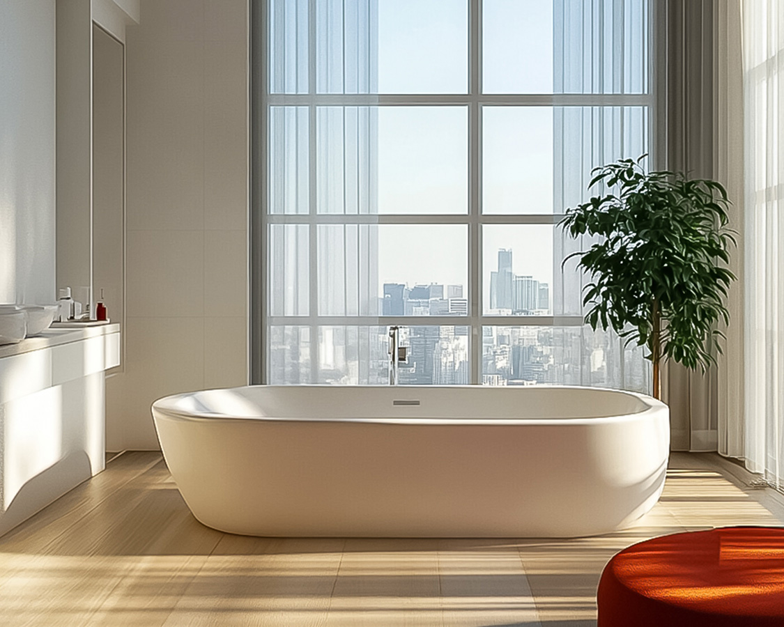 a bathroom with a large window
