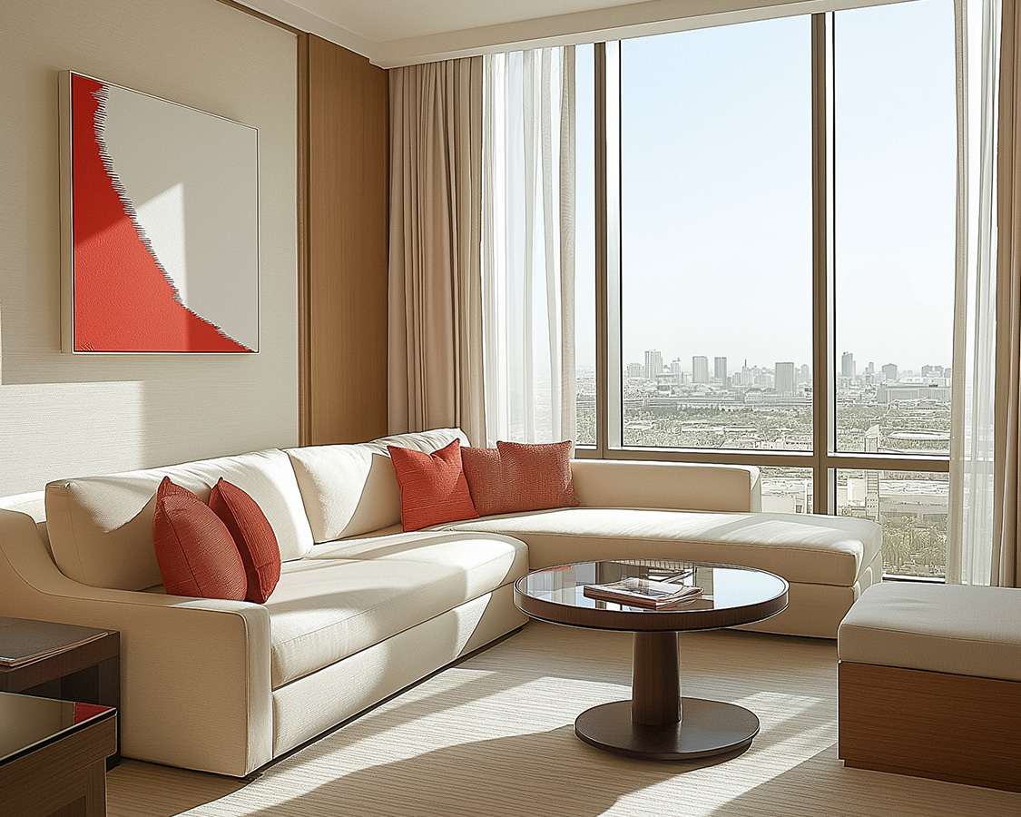 a living room with a large window